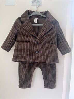 6-12M Formal Brown Houndstooth Coat & Pant Suit
